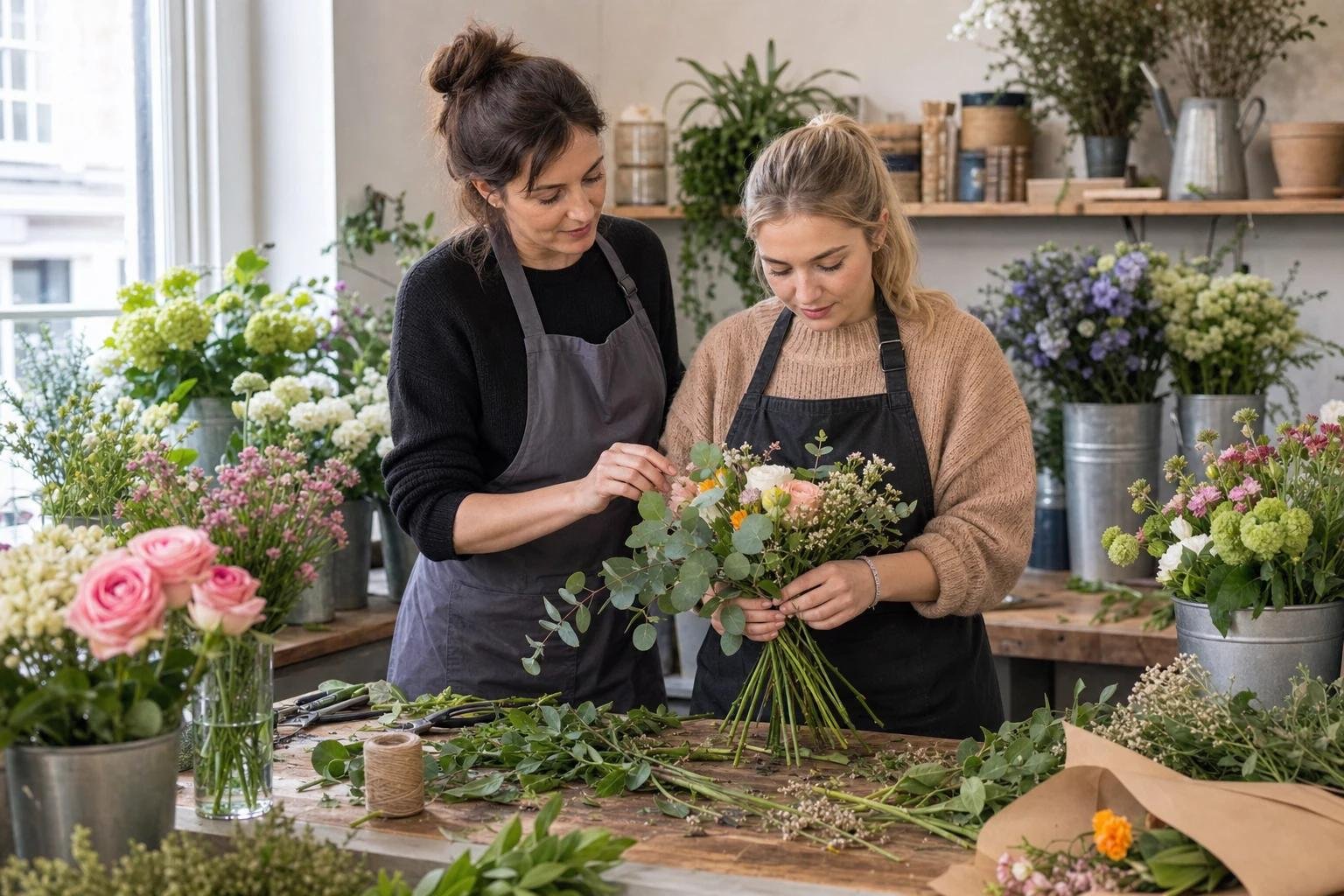 Florist preparing fresh cut flowers and wedding arrangements at a floral workspace