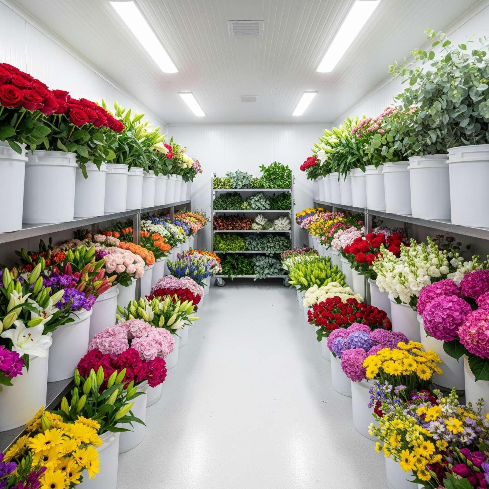 Fresh flower arrangements and buckets staged in a refrigerated storage trailer